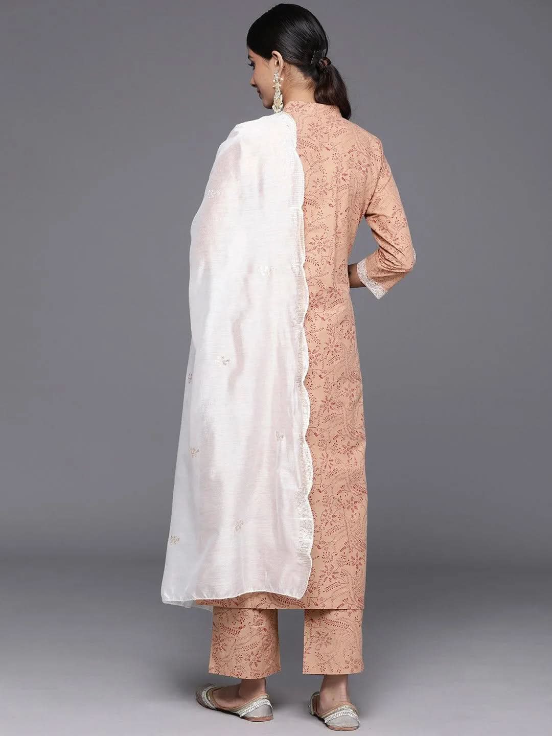 Camel Brown Printed Cotton Straight Kurta With Trousers & Dupatta - Libas 