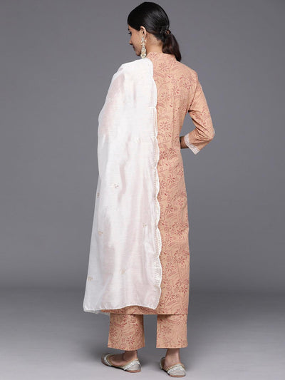 Camel Brown Printed Cotton Straight Kurta With Trousers & Dupatta - Libas