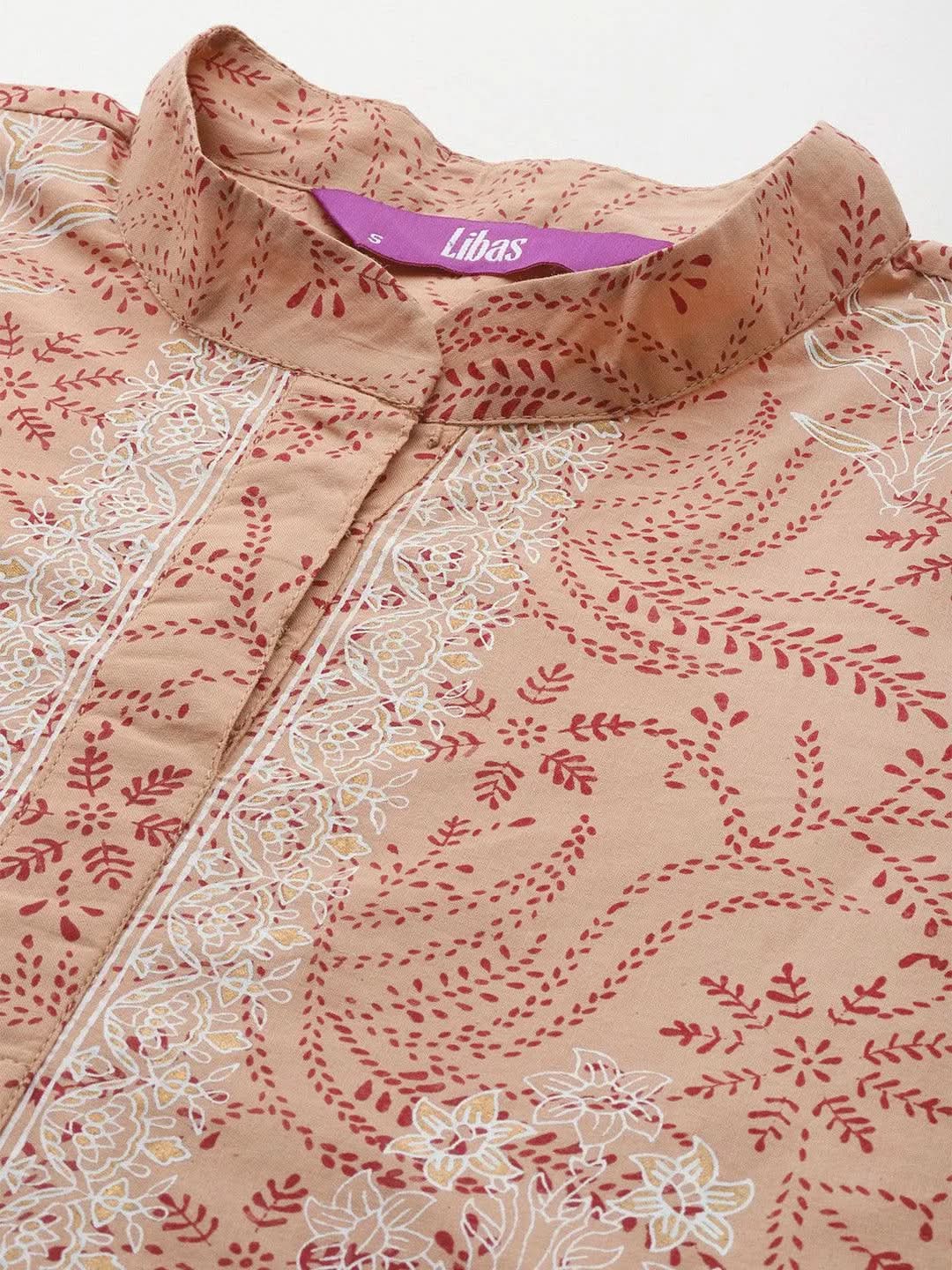 Camel Brown Printed Cotton Straight Kurta With Trousers & Dupatta - Libas 