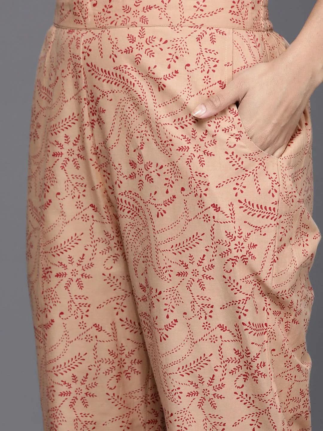 Camel Brown Printed Cotton Straight Kurta With Trousers & Dupatta - Libas 