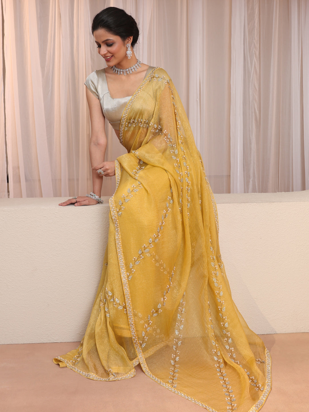  Canary Yellow Embellished Tissue Saree 