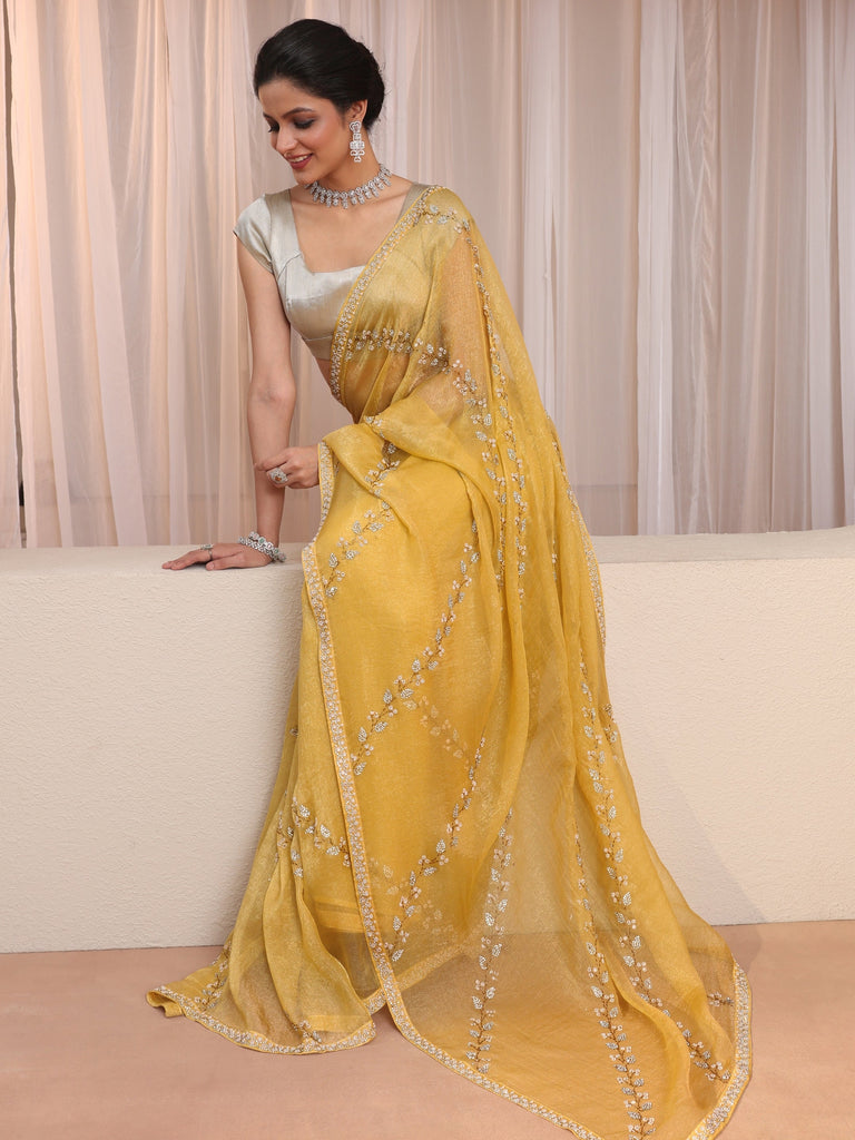 Libas Canary Yellow Embellished Tissue Saree