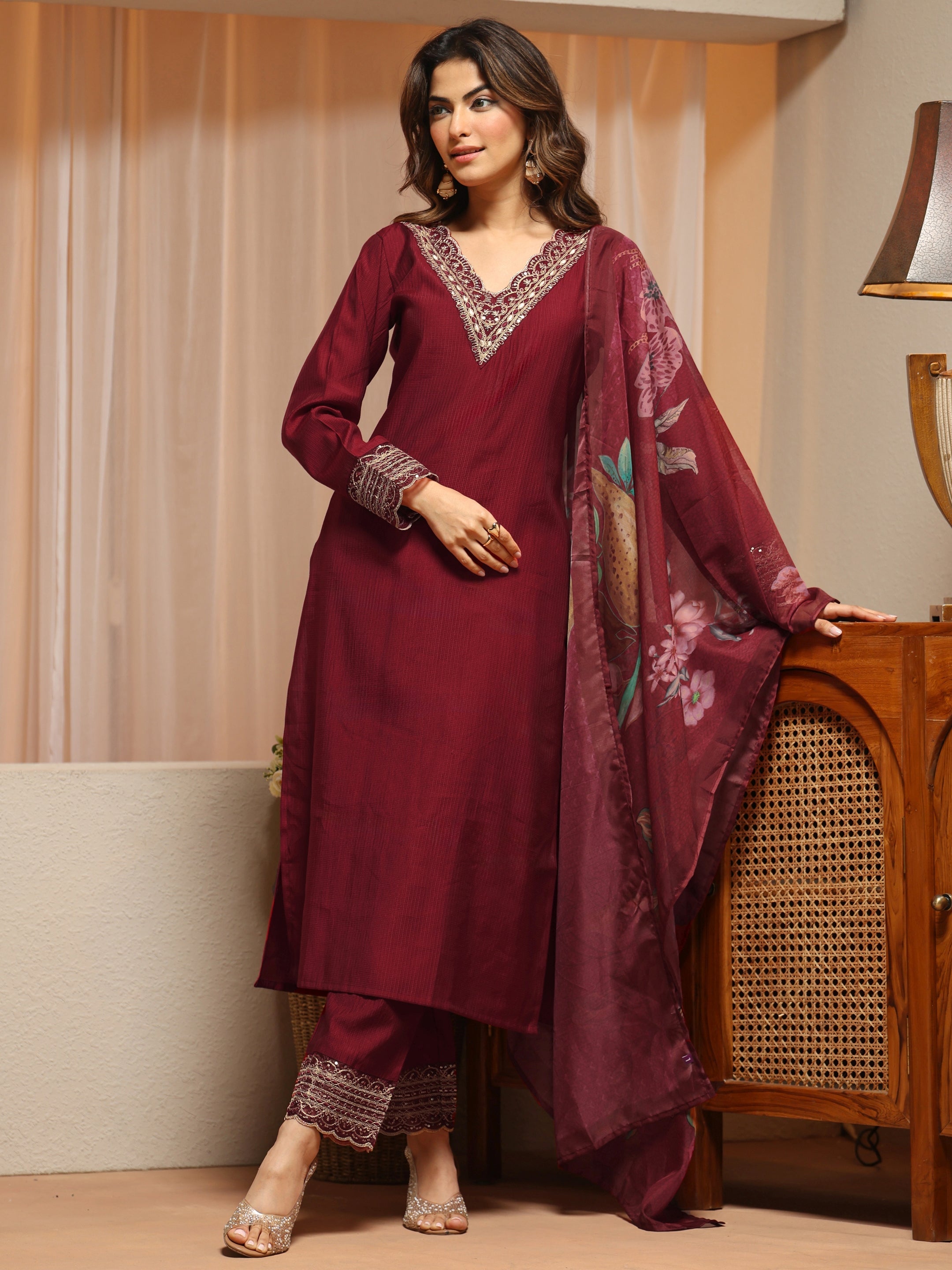 Cardinal Red Yoke Design Silk Blend Straight Suit Set-image-10