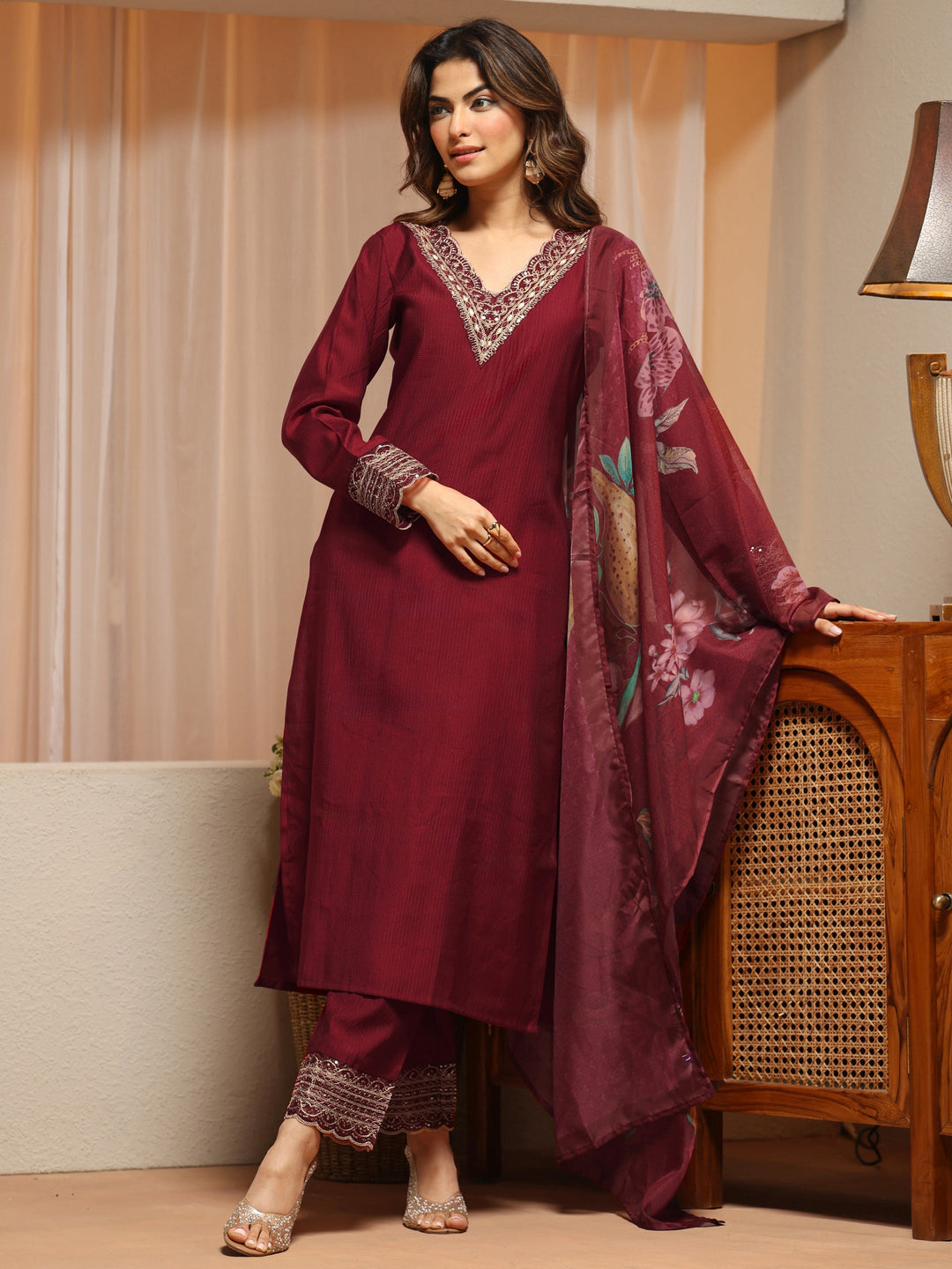  Cardinal Red Yoke Design Silk Blend Straight Suit Set 