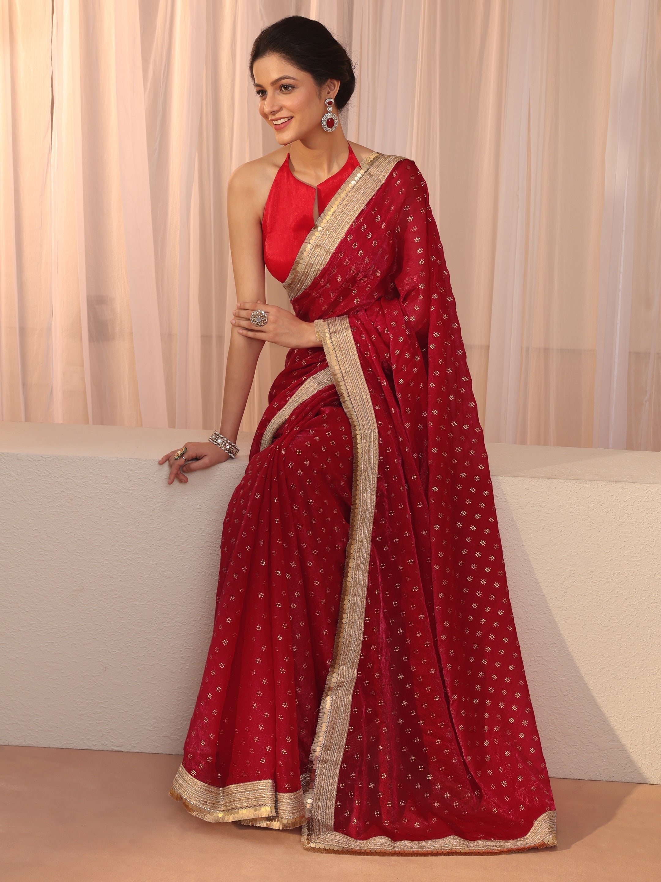 libas Carnelian Red Foil Printed Tissue Saree-picture-45