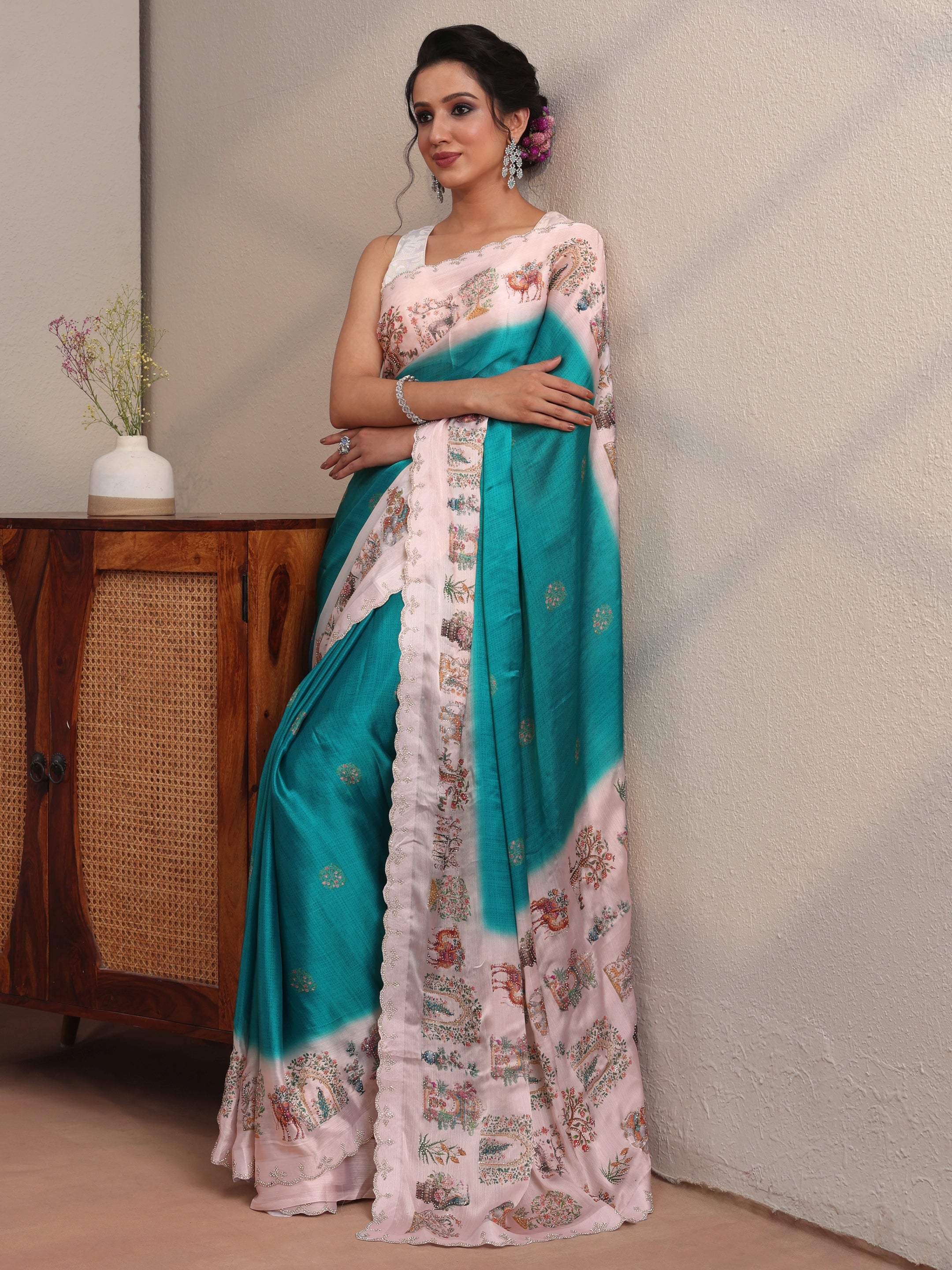 libas Cerulean Blue Chiffon Saree Wth Printed Border-picture-45