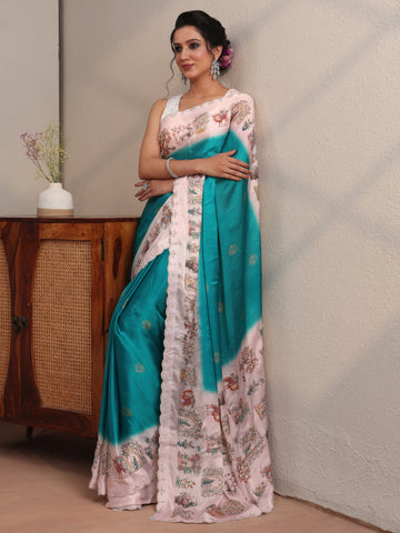 Cerulean Blue Chiffon Saree Wth Printed Border