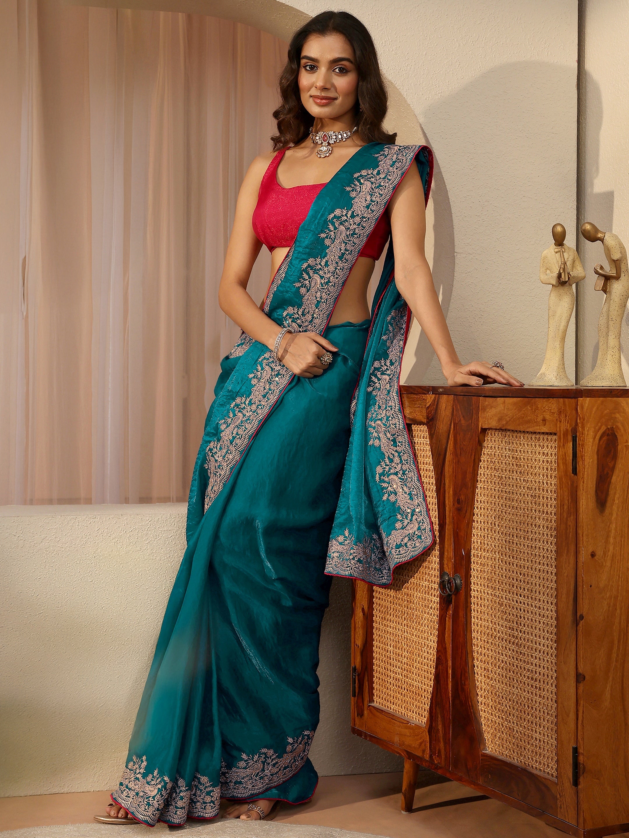libas Cerulean Blue Tissue Saree With Embellished Border-picture-35