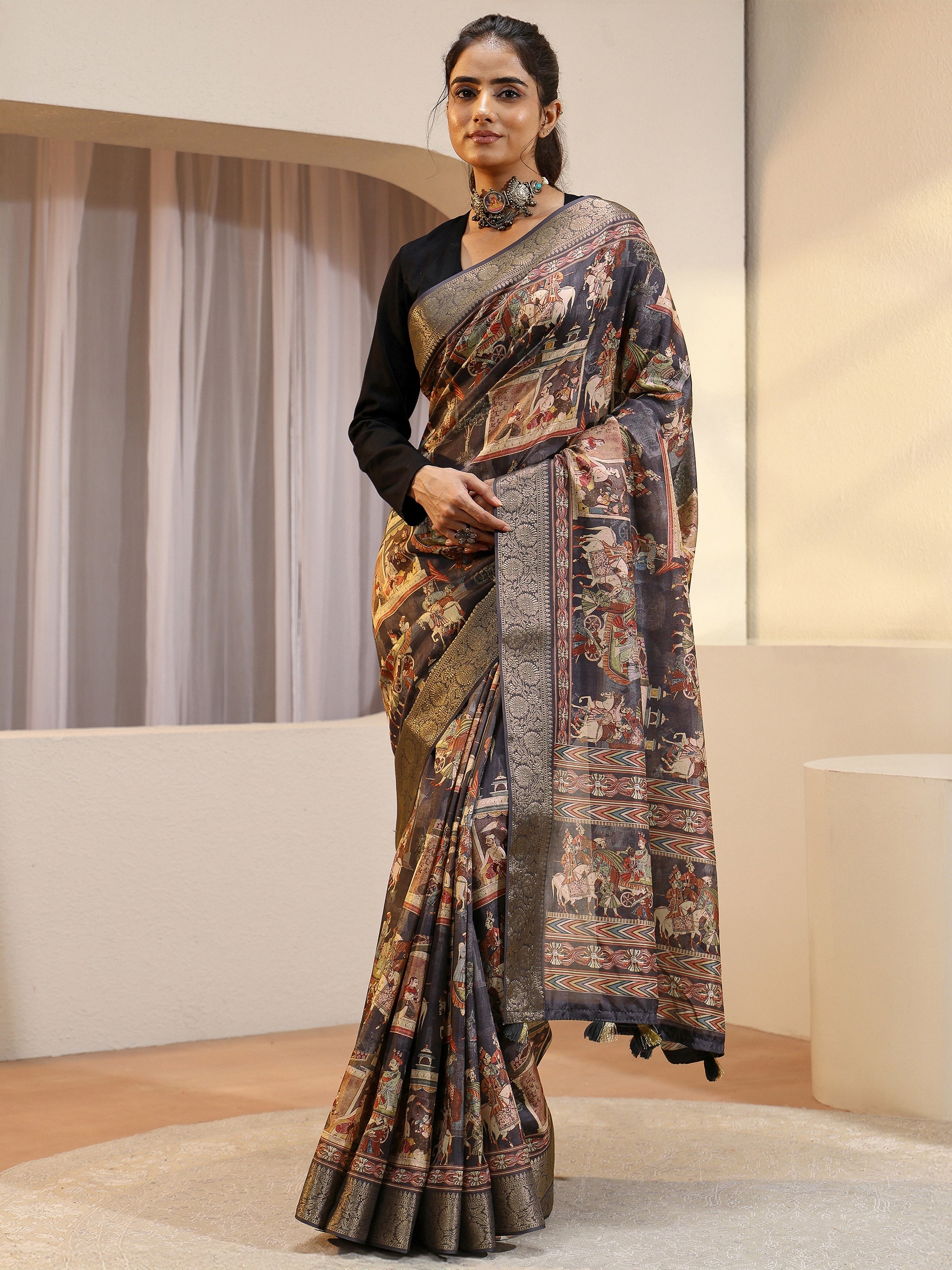 Libas Charcoal Black Maharaja Print Silk Blend Saree-picture-46