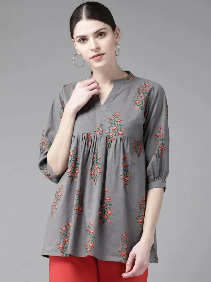 Charcoal Printed Cotton Kurti - Libas