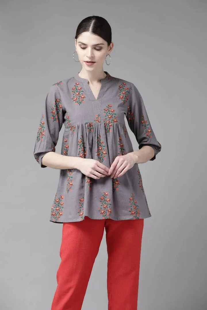 Charcoal Printed Cotton Kurti - Libas