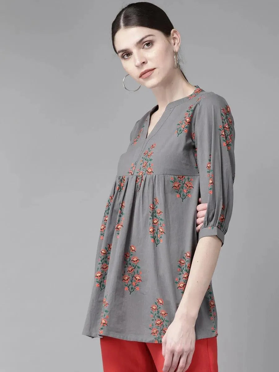 Charcoal Printed Cotton Kurti - Libas 