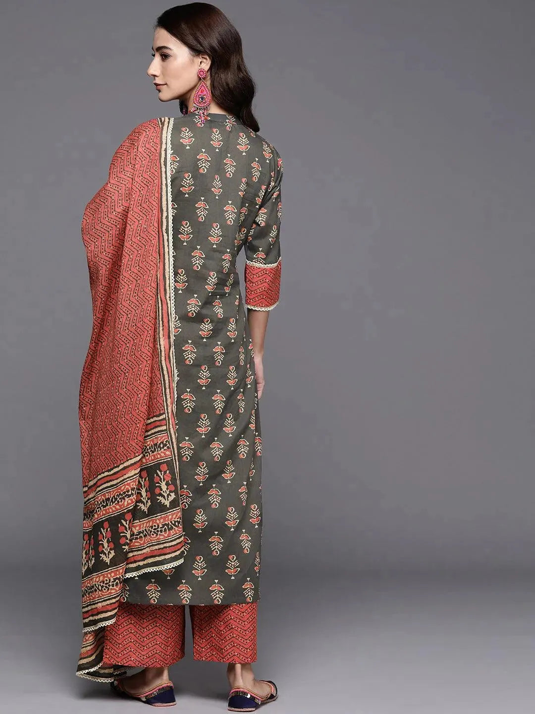 Charcoal Printed Cotton Suit Set - Libas 