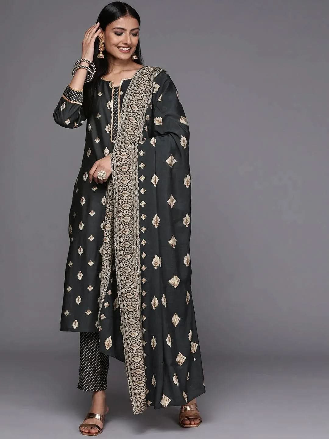 

Charcoal Printed Silk Blend Straight Kurta With Dupatta