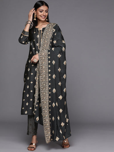 Charcoal Printed Silk Blend Straight Suit Set - Libas