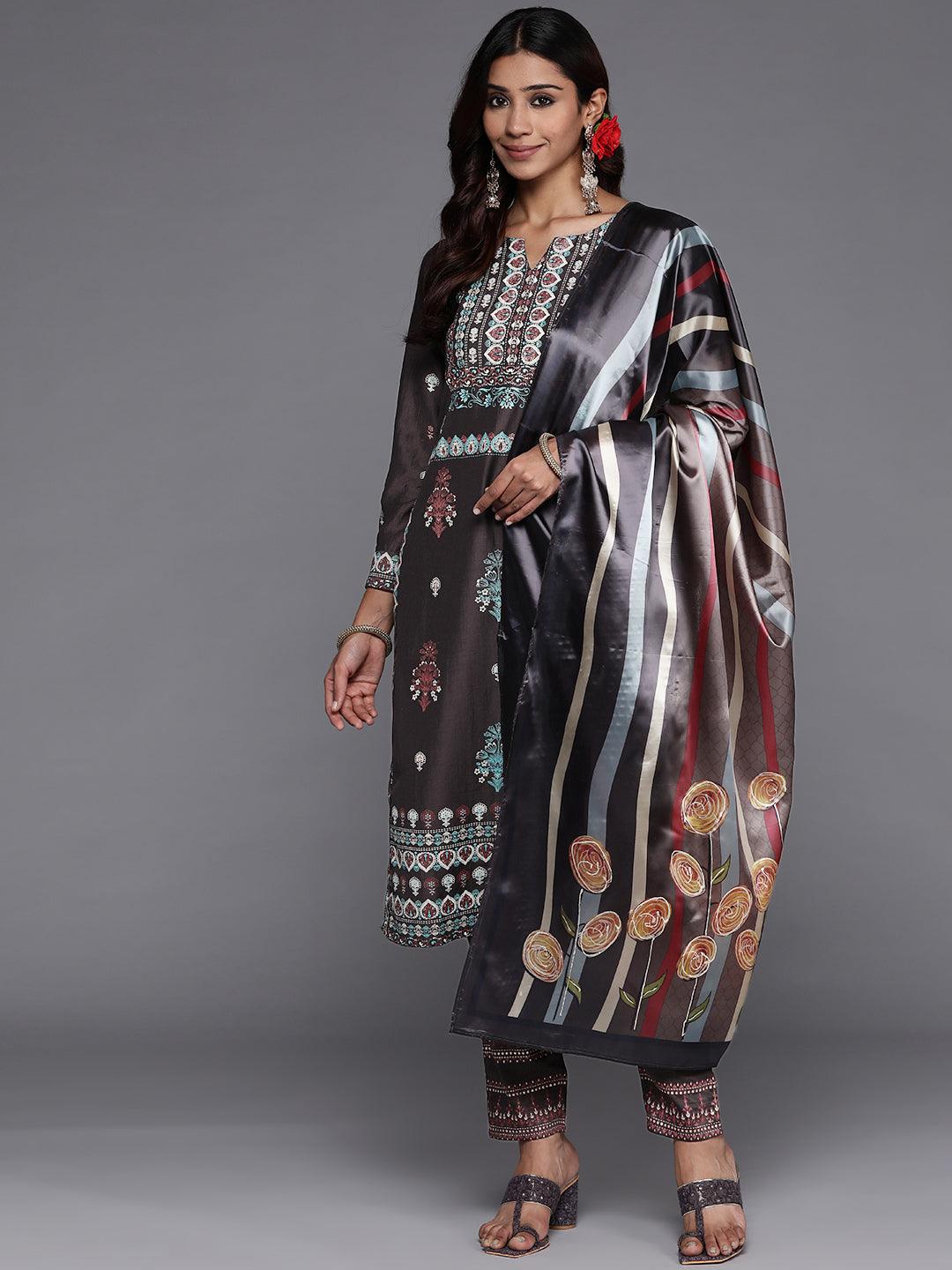 Charcoal Printed Silk Blend Straight Kurta With Dupatta