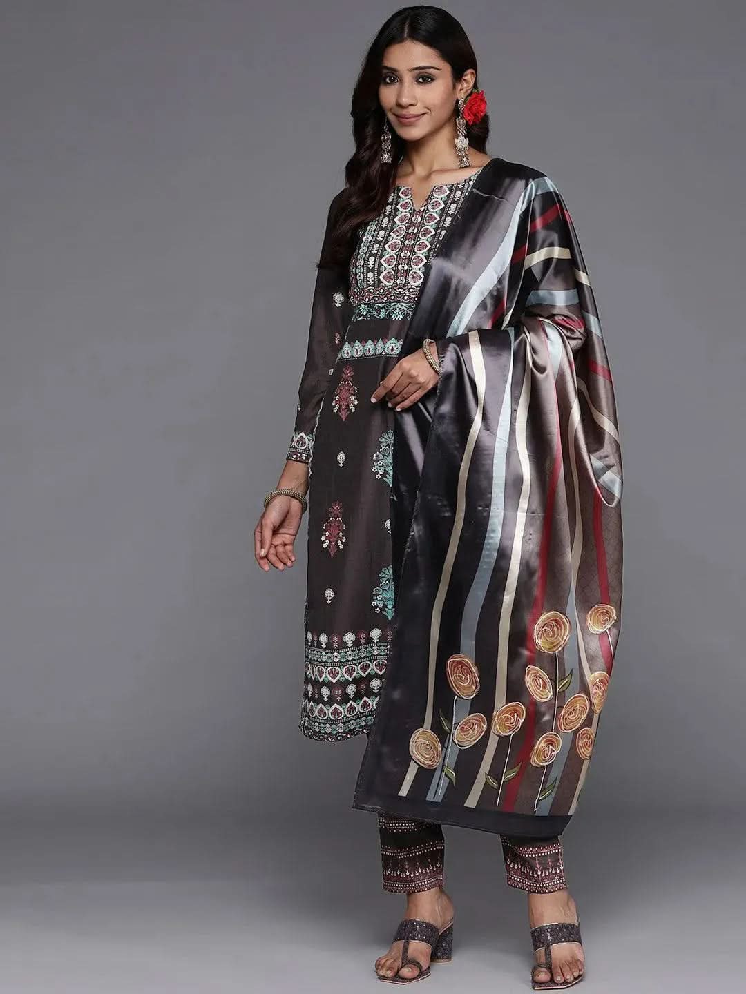 libas Charcoal Printed Silk Blend Straight Kurta With Dupatta-picture-38