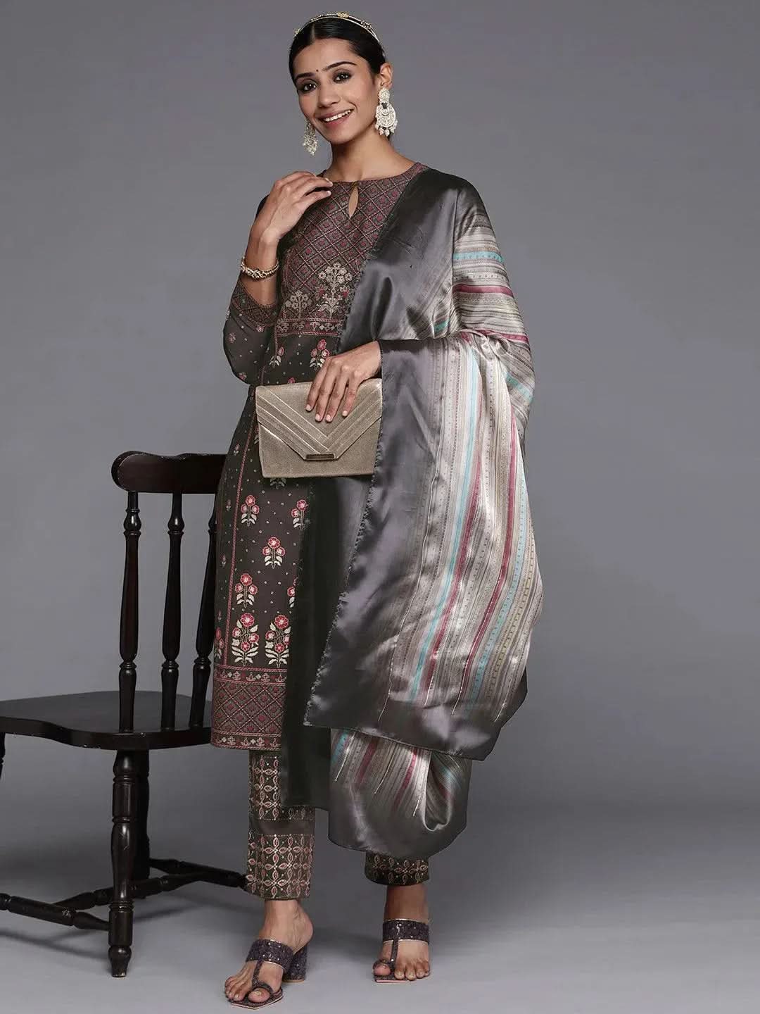 

Charcoal Printed Silk Blend Straight Kurta With Dupatta
