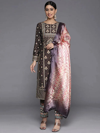 Charcoal Printed Silk Blend Straight Suit Set With Trousers - Libas