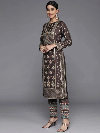 Charcoal Printed Silk Blend Straight Suit Set With Trousers - Libas