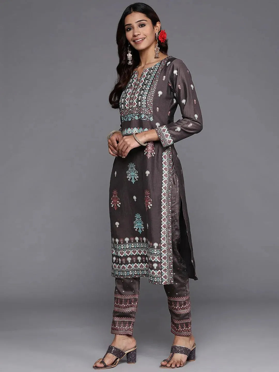 Charcoal Printed Silk Blend Straight Suit Set With Trousers - Libas 