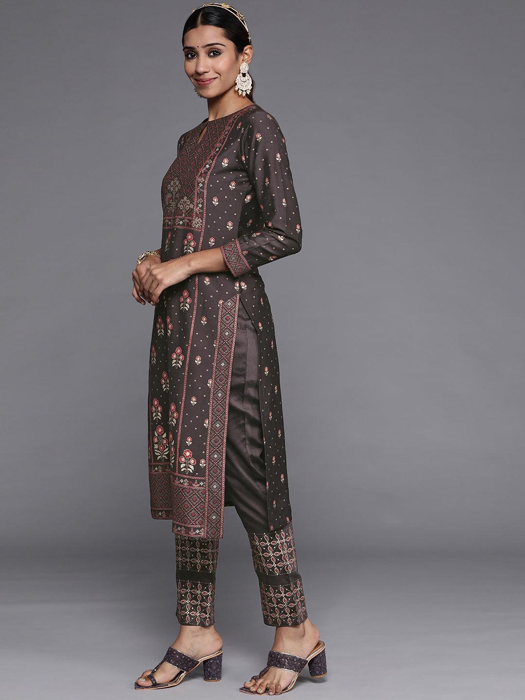 Charcoal Printed Silk Blend Straight Suit Set With Trousers - Libas