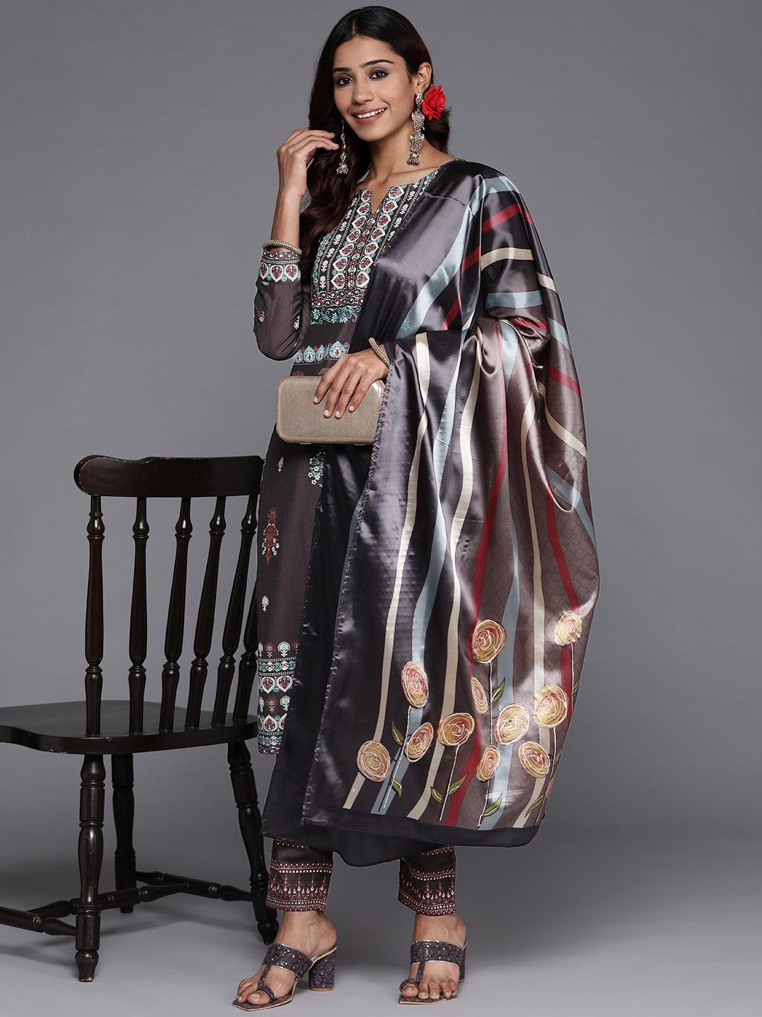 Charcoal Printed Silk Blend Straight Kurta With Dupatta