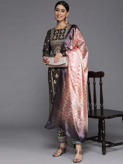 Charcoal Printed Silk Blend Straight Suit Set With Trousers - Libas