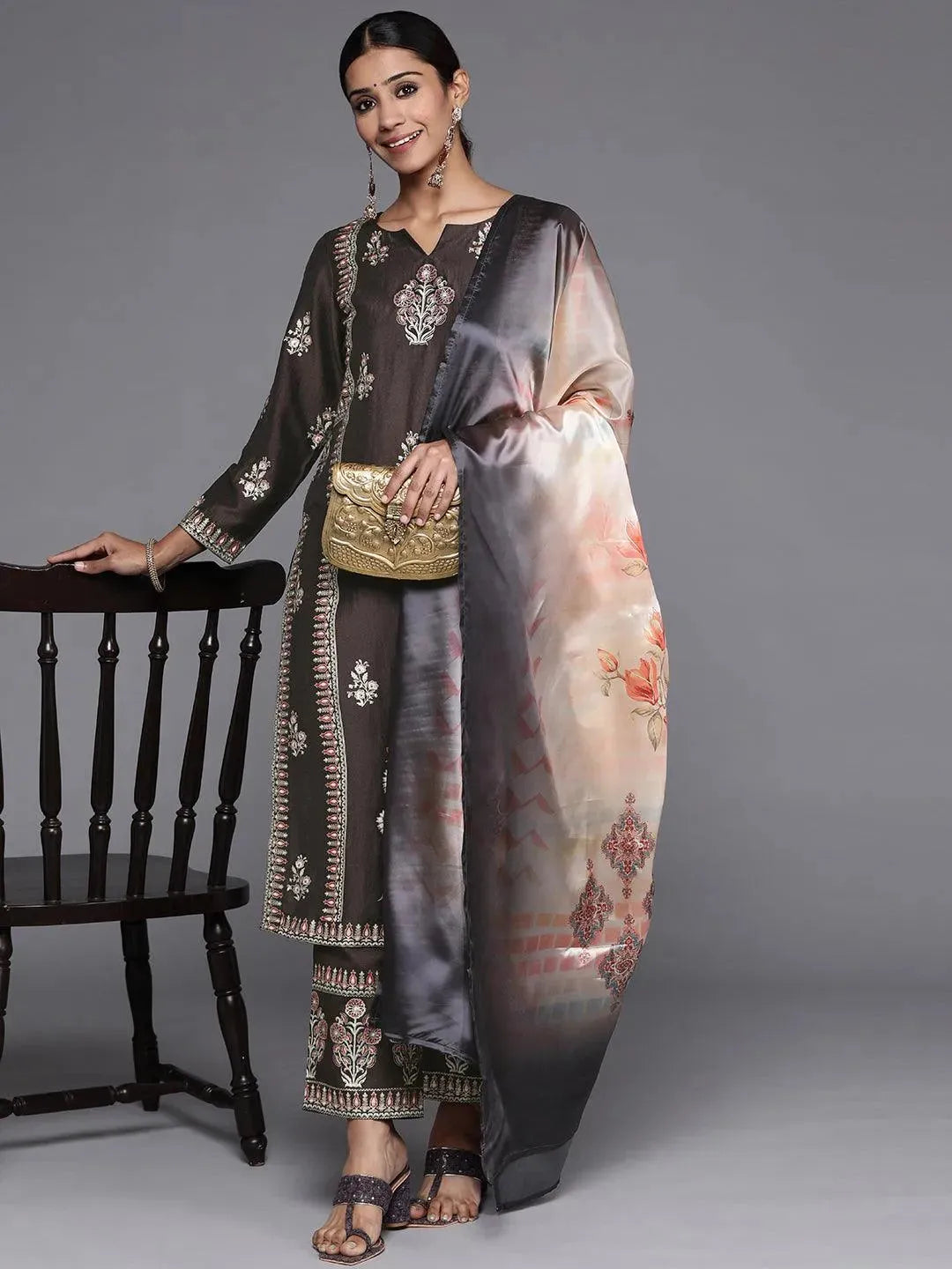 Charcoal Printed Silk Blend Straight Suit Set With Trousers - Libas