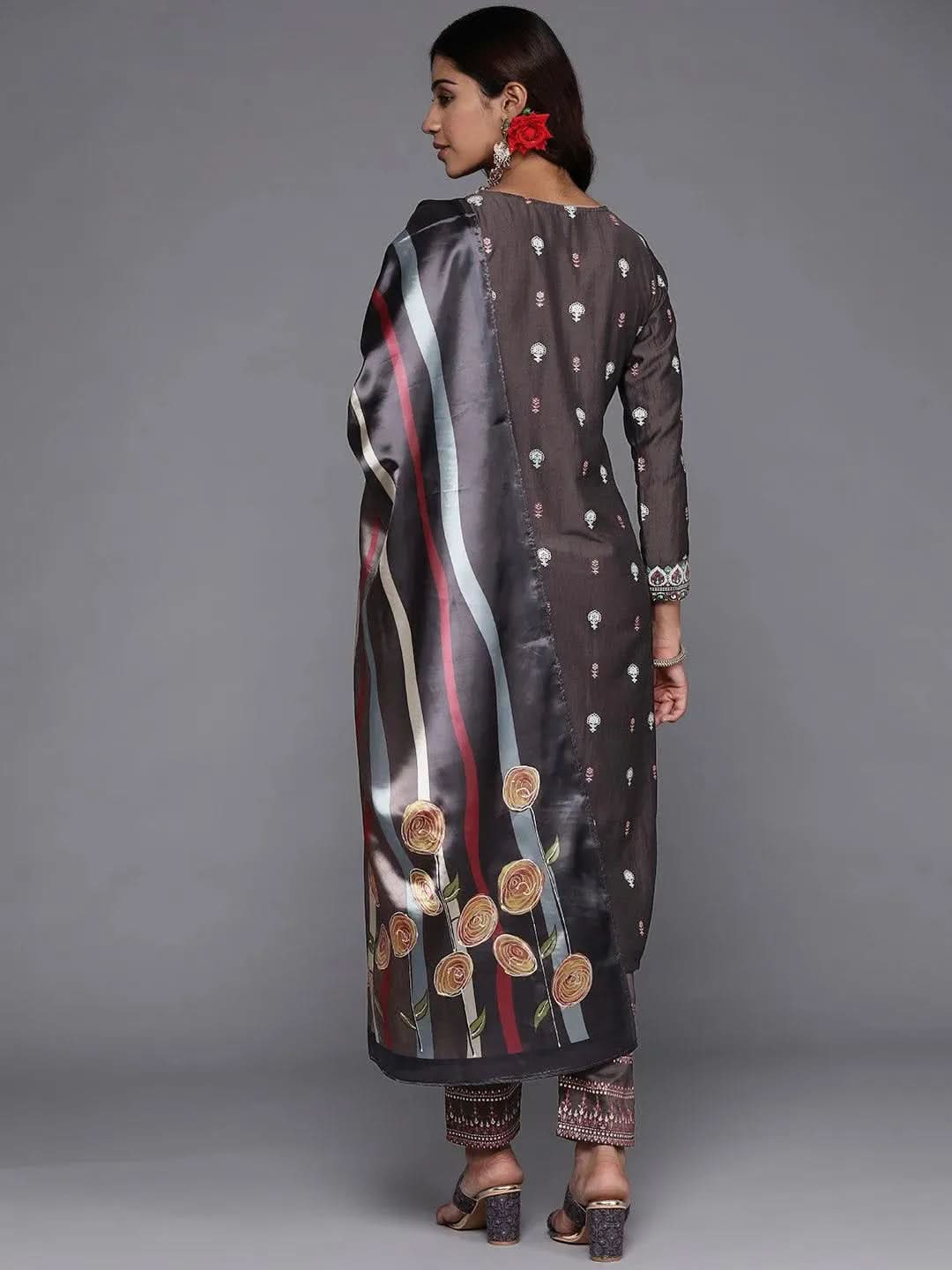 

Charcoal Printed Silk Blend Straight Kurta With Dupatta
