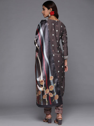 Charcoal Printed Silk Blend Straight Suit Set With Trousers - Libas