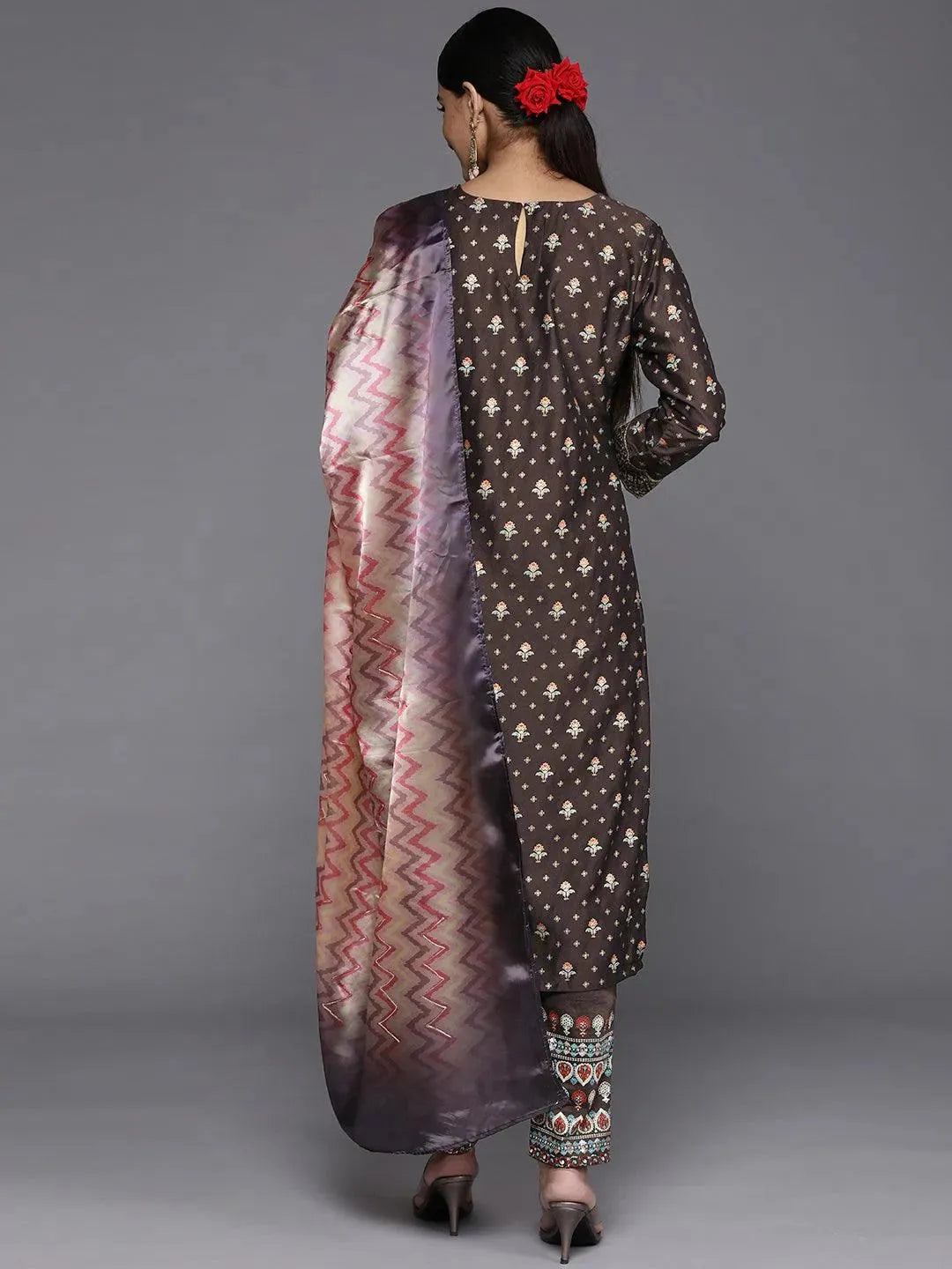 Charcoal Printed Silk Blend Straight Suit Set With Trousers - Libas