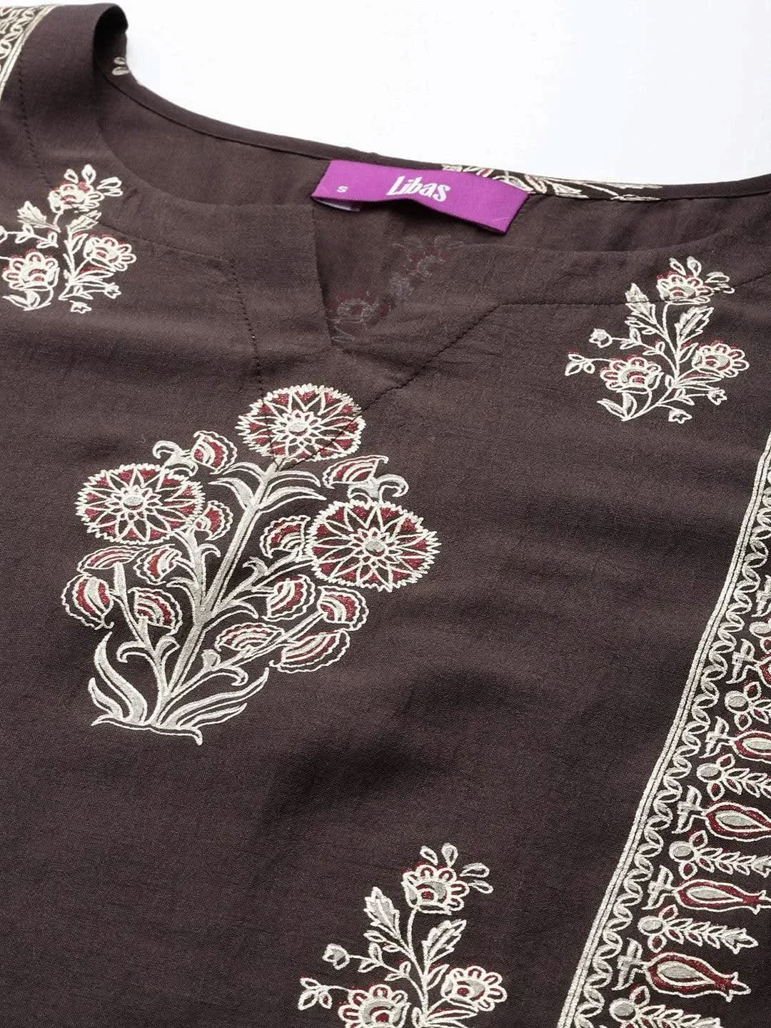 

Charcoal Printed Silk Blend Straight Kurta With Dupatta