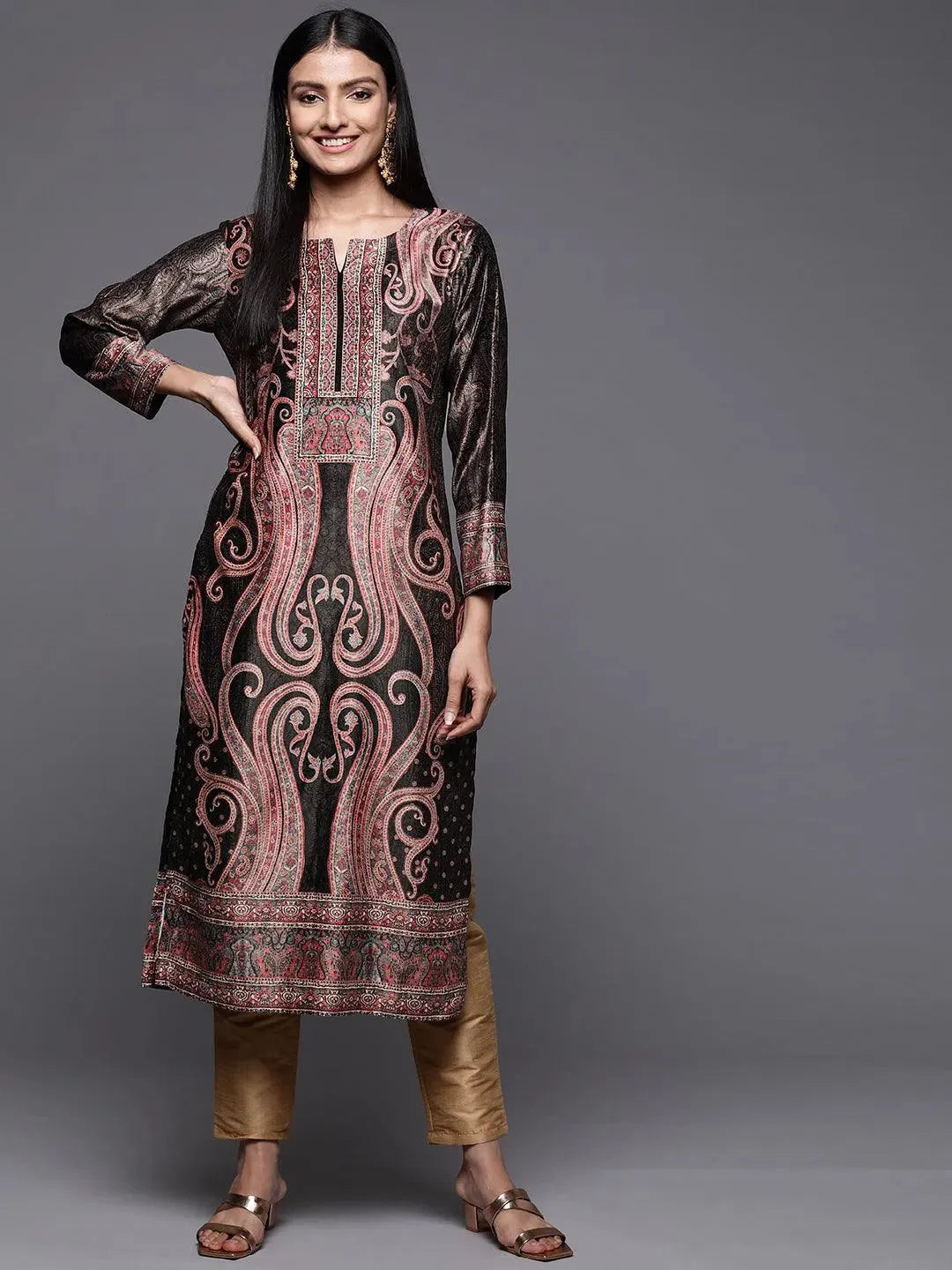 Charcoal Printed Velvet Straight Kurta