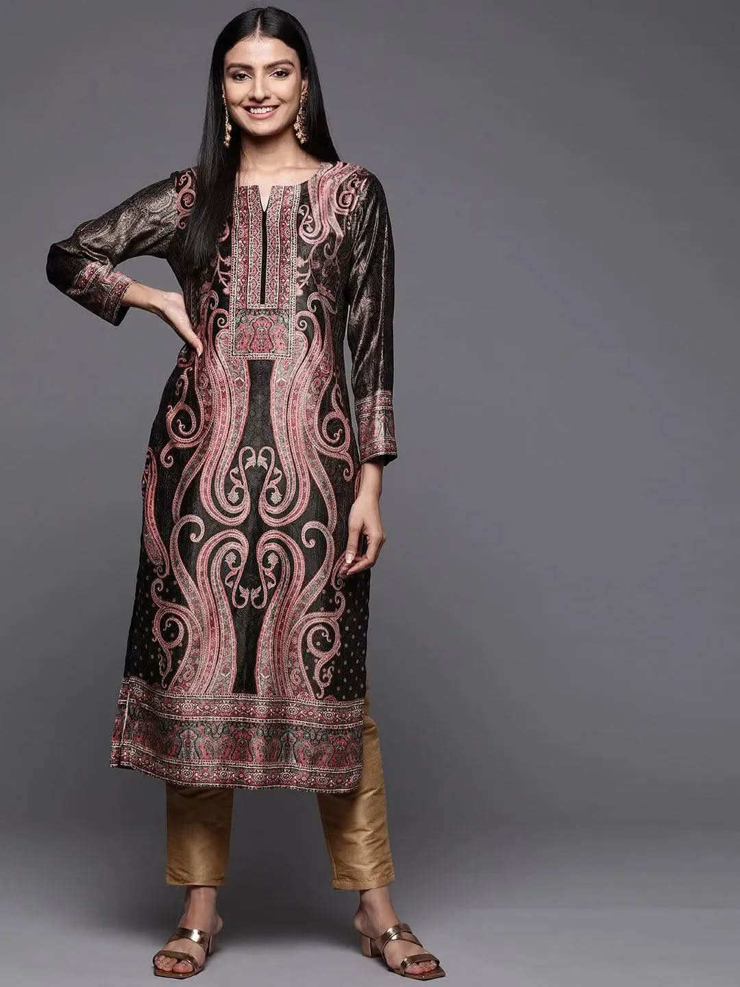 

Charcoal Printed Velvet Straight Kurta