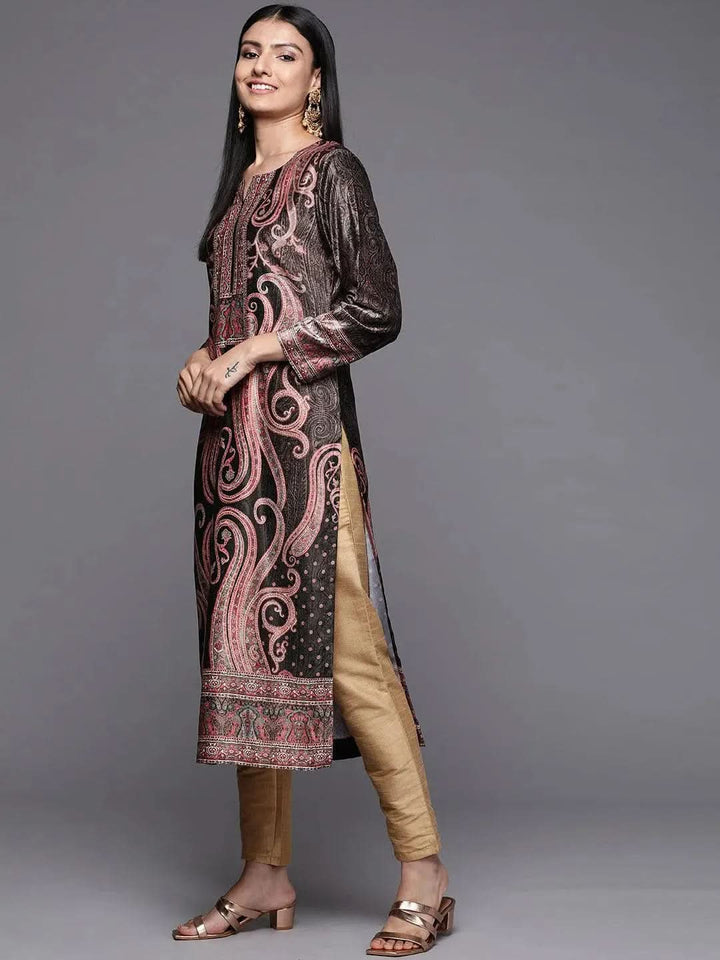 Charcoal Printed Velvet Straight Kurta - Libas