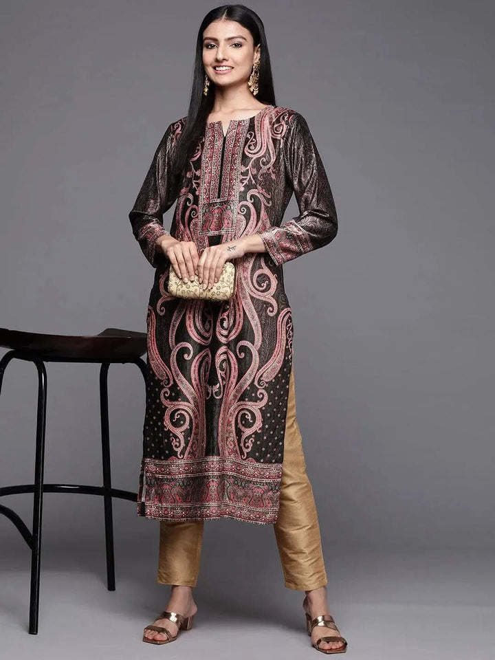Charcoal Printed Velvet Straight Kurta - Libas