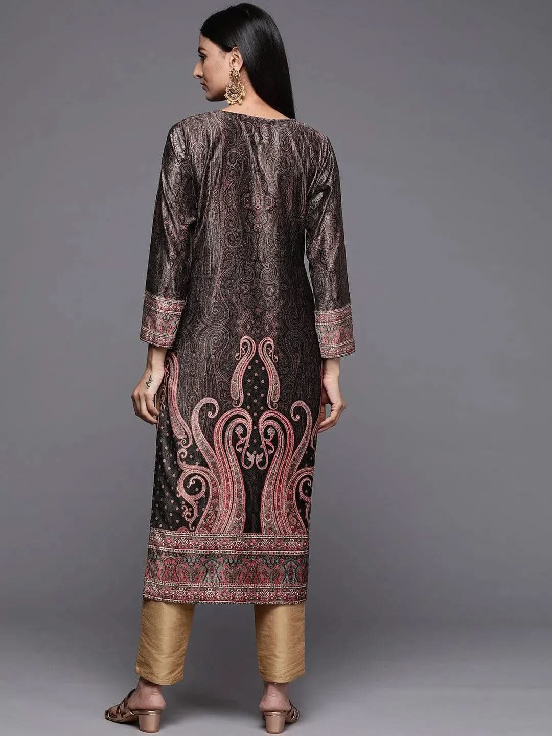 Charcoal Printed Velvet Straight Kurta - Libas 