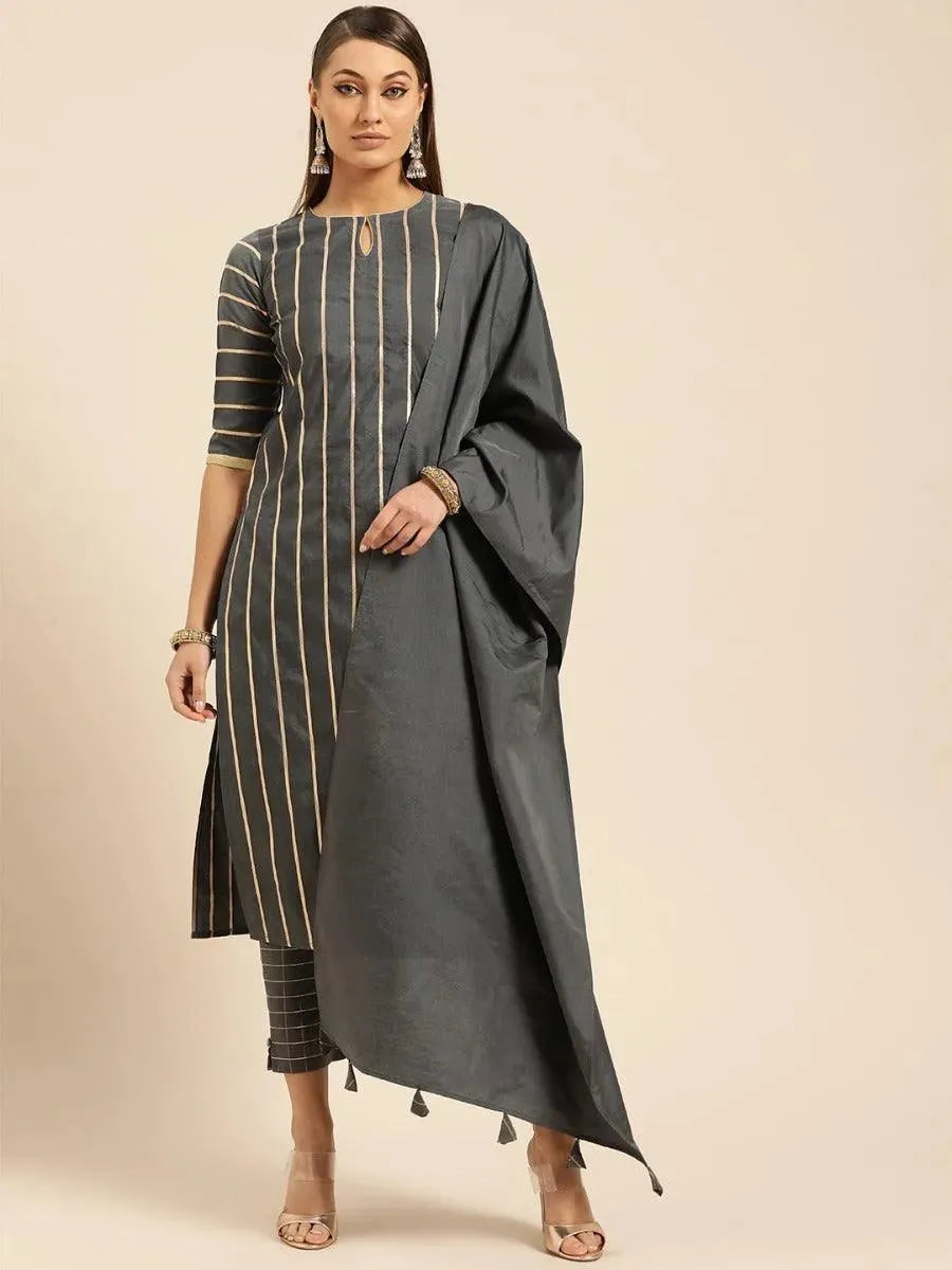 Charcoal Grey Self Design Chanderi Suit Set - Libas