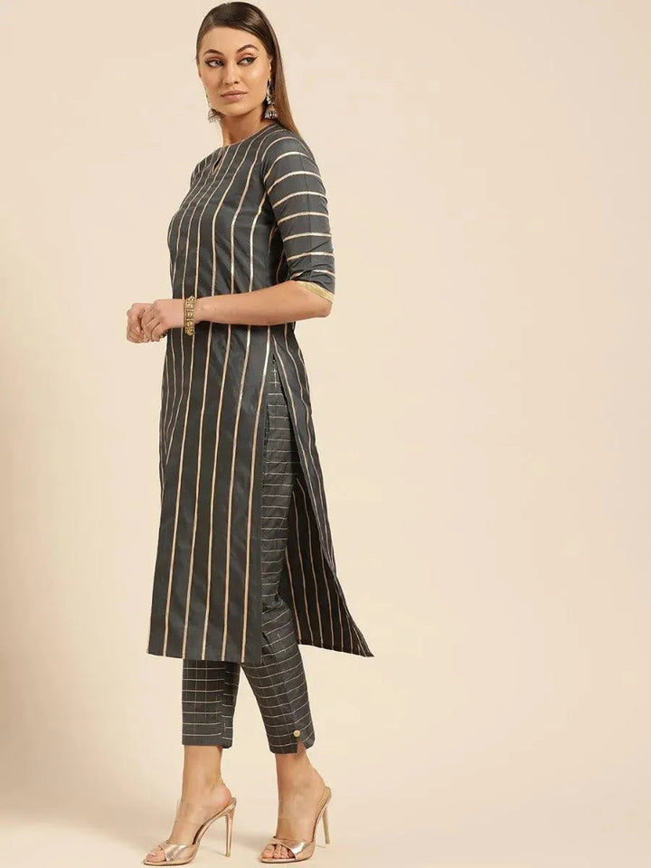 Charcoal Grey Self Design Chanderi Suit Set - Libas