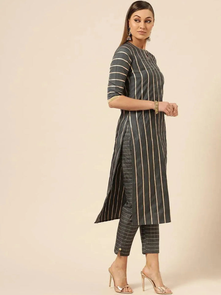 Charcoal Grey Self Design Chanderi Suit Set - Libas
