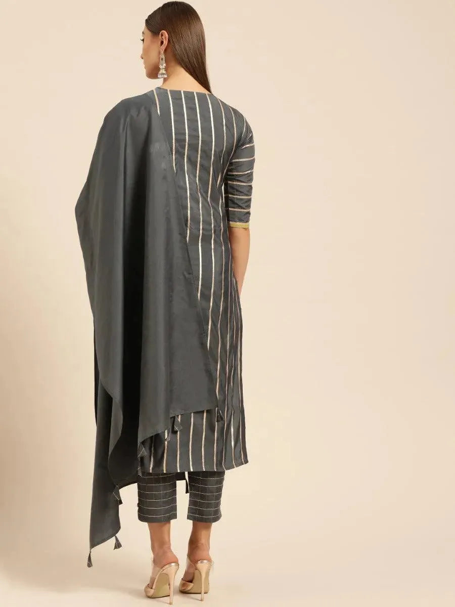 Charcoal Grey Self Design Chanderi Suit Set - Libas 