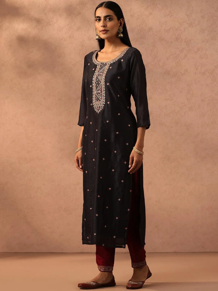 Charcoal Embellished Silk Straight Kurta - Libas