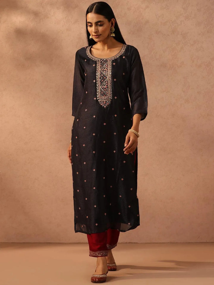 Charcoal Embellished Silk Straight Kurta - Libas
