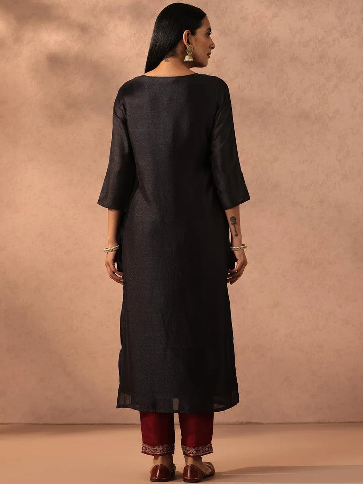 Charcoal Embellished Silk Straight Kurta - Libas