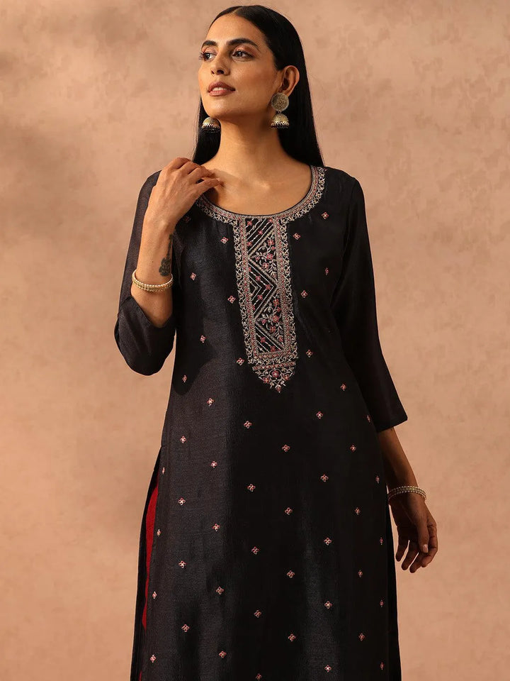 Charcoal Embellished Silk Straight Kurta - Libas