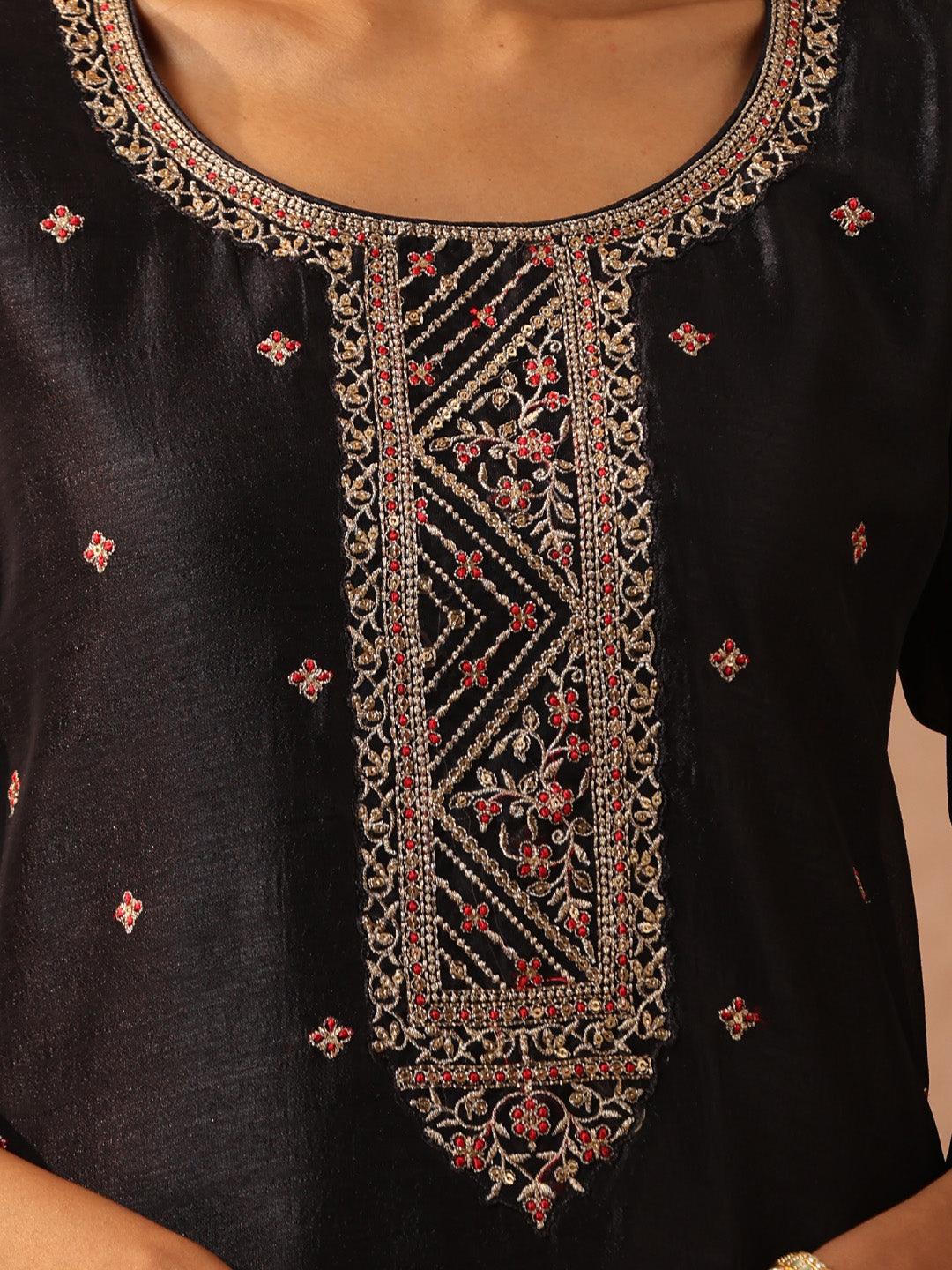Charcoal Embellished Silk Straight Kurta - Libas