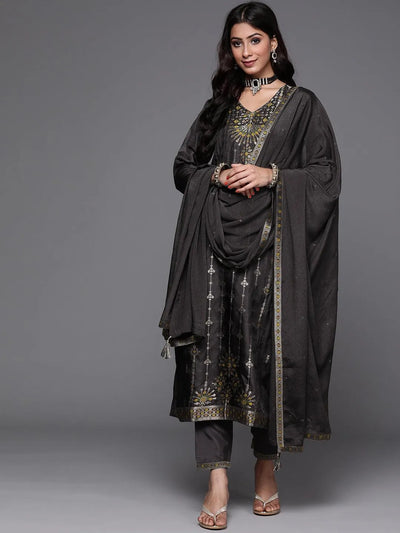 Charcoal Self Design Silk Suit Set - Libas