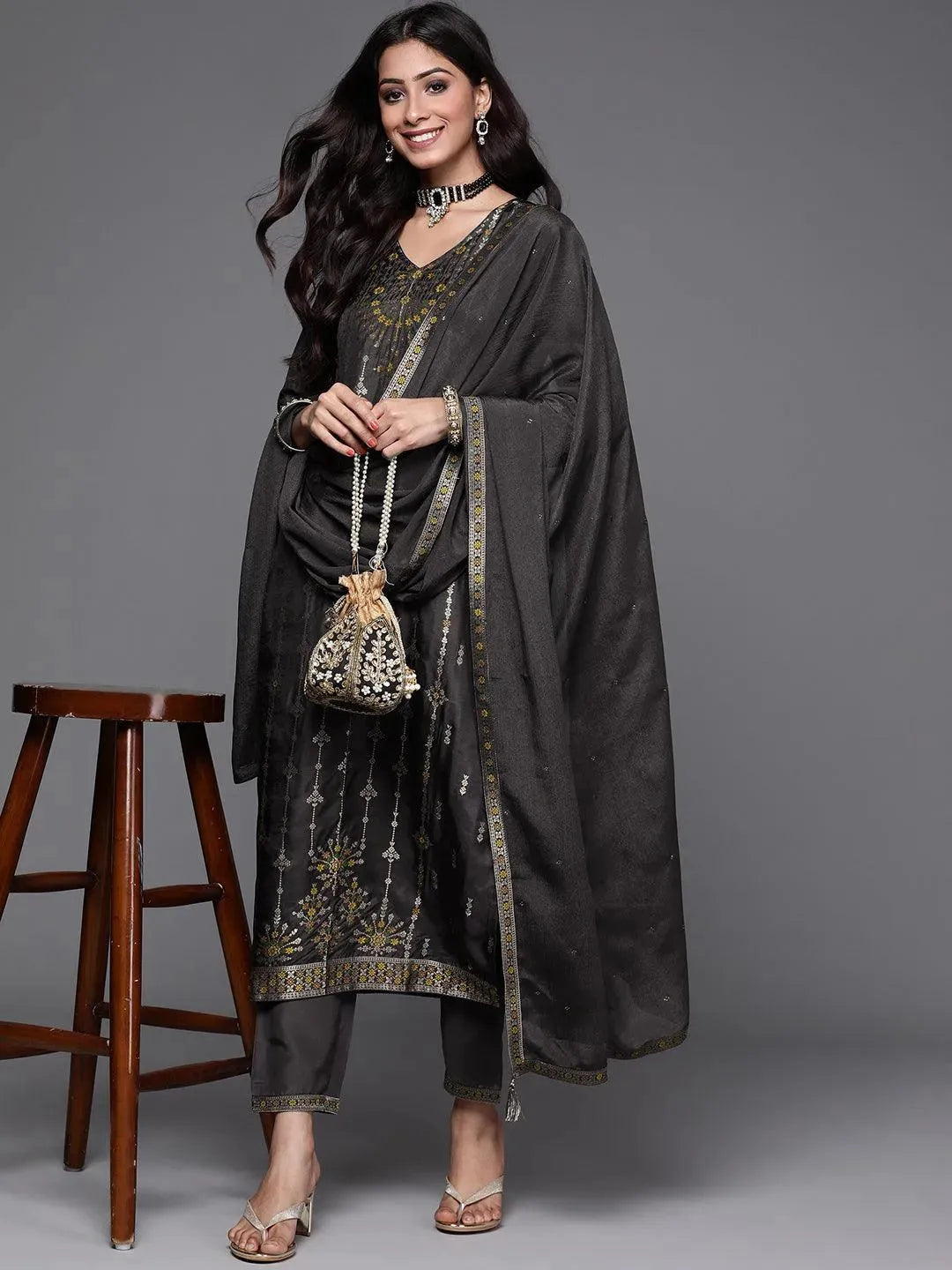 Charcoal Self Design Silk Suit Set - Libas