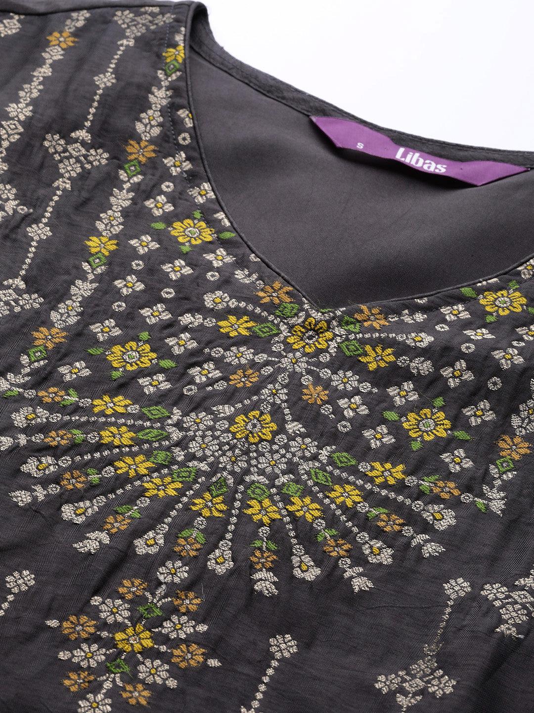Charcoal Self Design Silk Straight Kurta With Dupatta